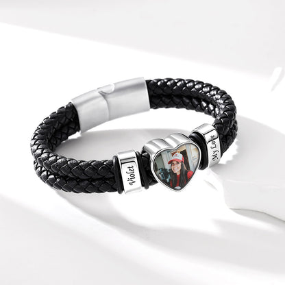 Personalized Heart Photo Leather Bracelet for Men with Multiple Names