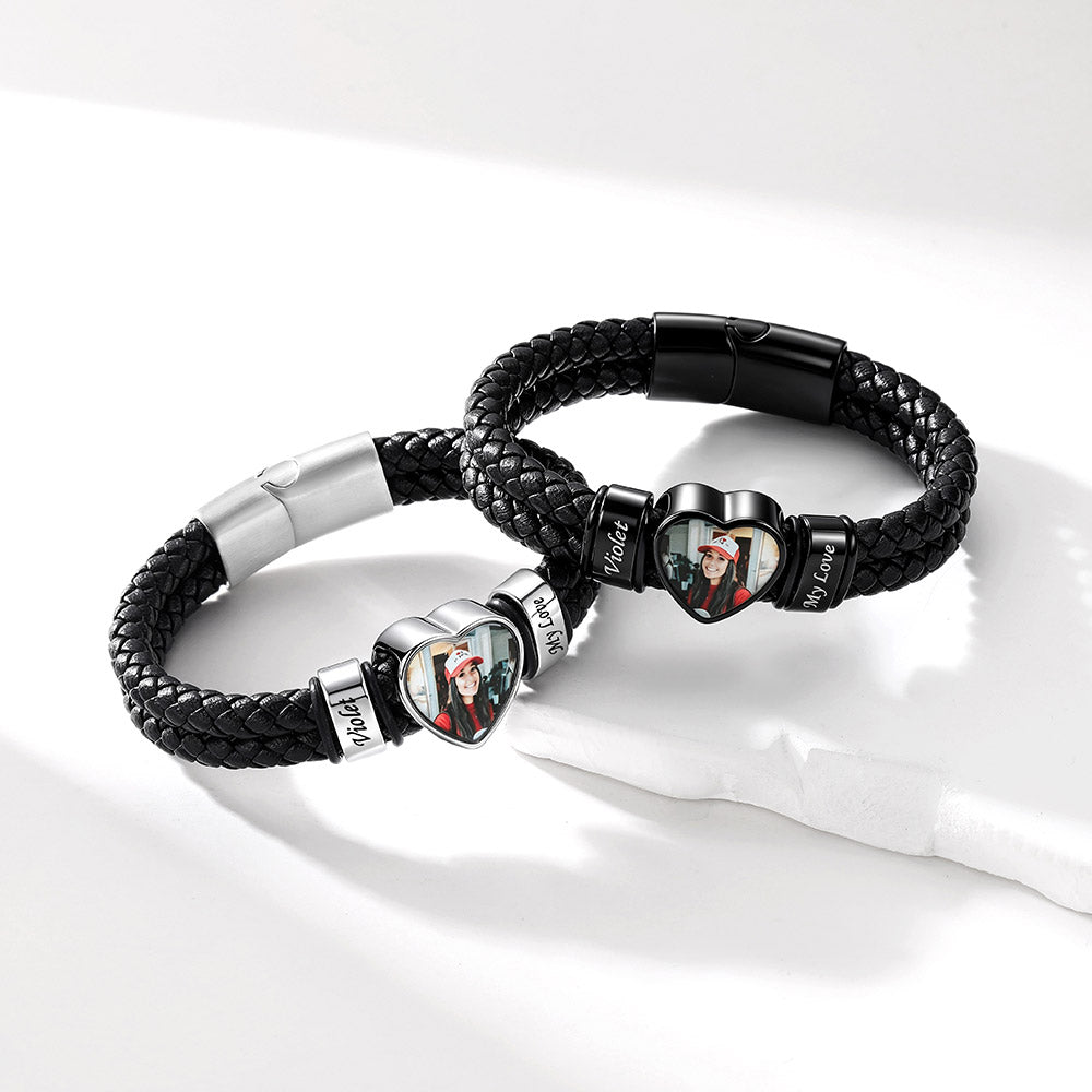 Personalized Heart Photo Leather Bracelet for Men with Multiple Names