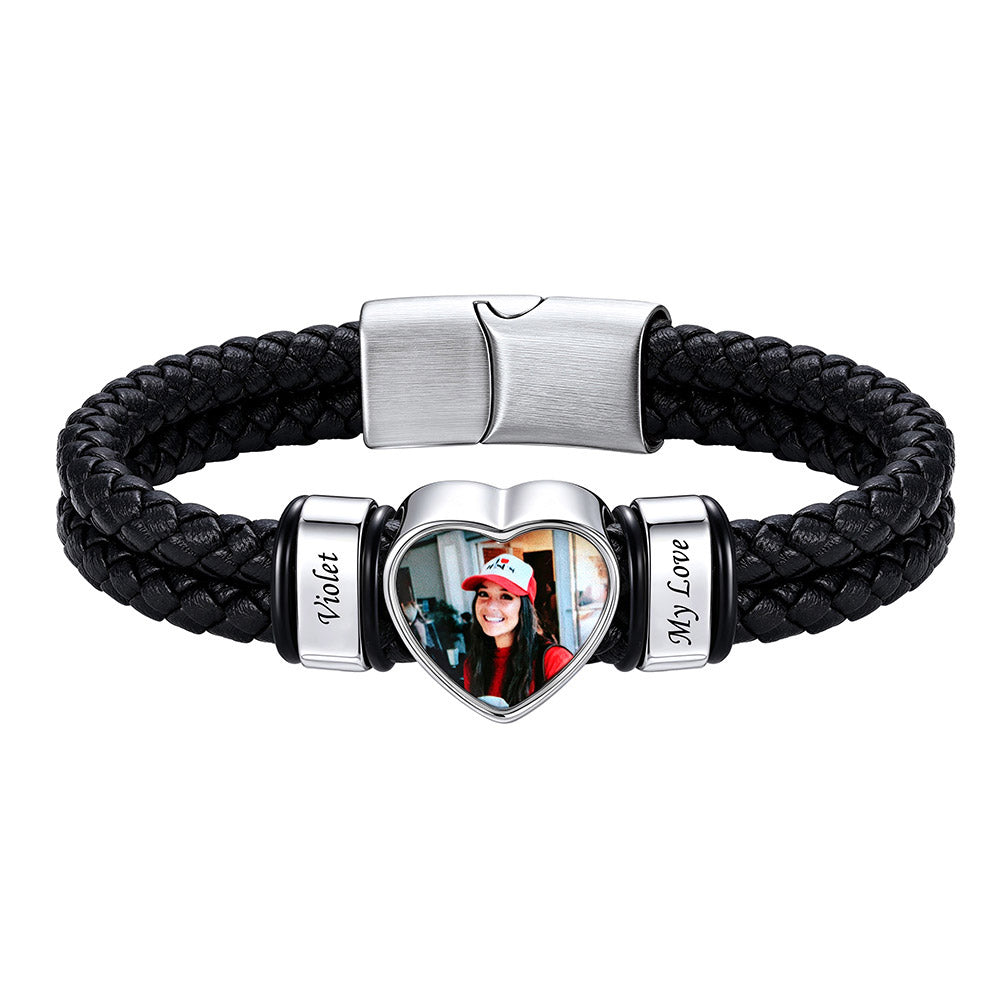 Personalized Heart Photo Leather Bracelet for Men with Multiple Names