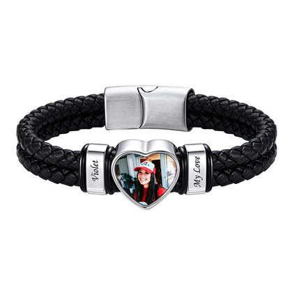 Personalized Heart Photo Leather Bracelet for Men with Multiple Names