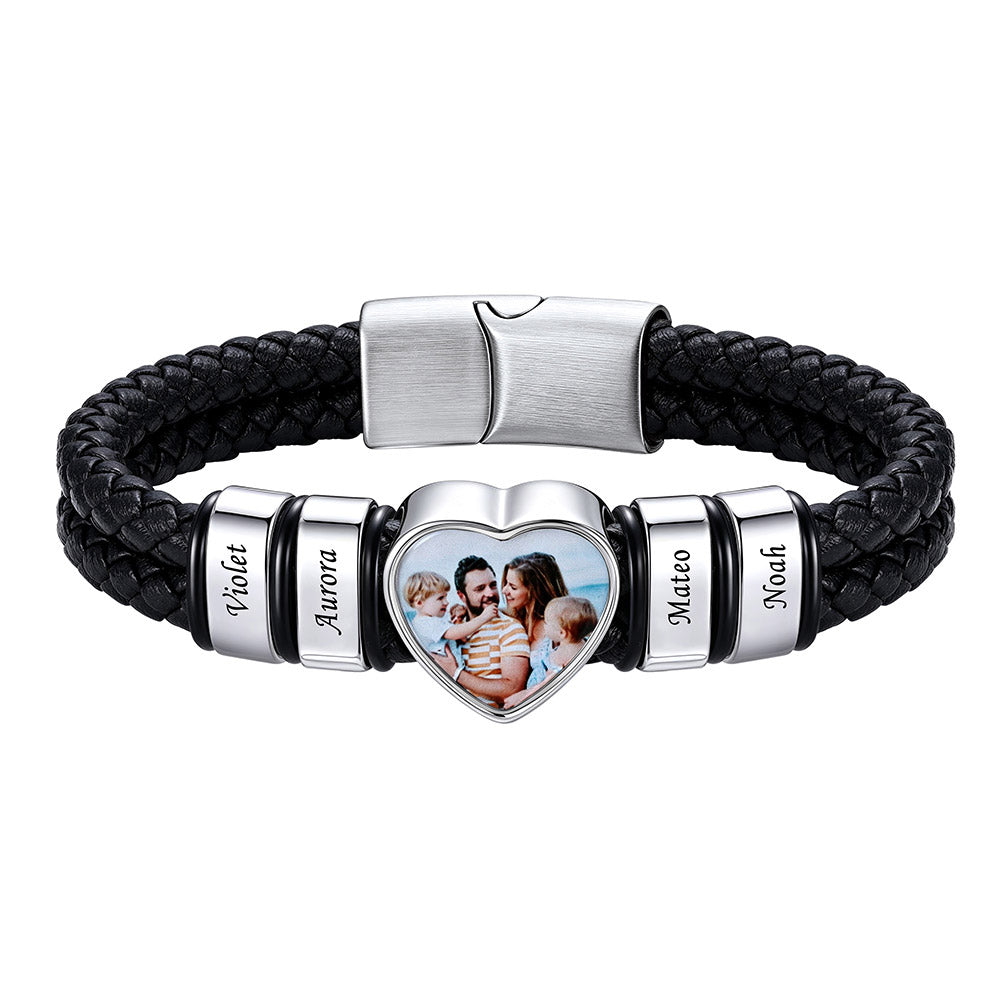 Personalized Heart Photo Leather Bracelet for Men with Multiple Names