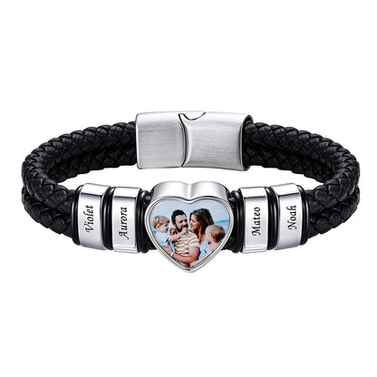 Personalized Heart Photo Leather Bracelet for Men with Multiple Names