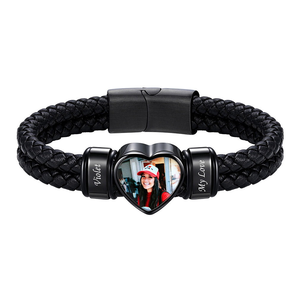 Personalized Heart Photo Leather Bracelet for Men with Multiple Names