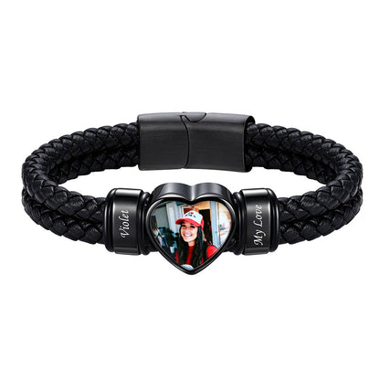 Personalized Heart Photo Leather Bracelet for Men with Multiple Names
