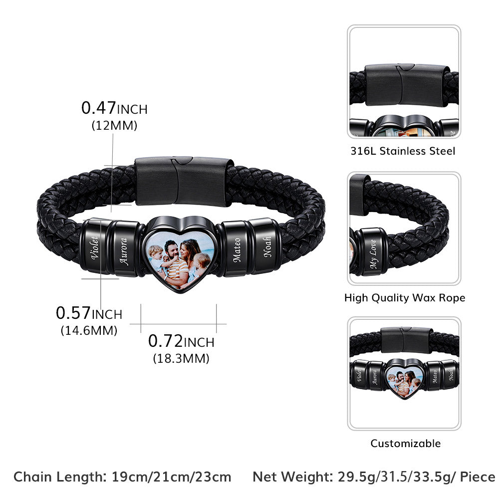 Personalized Heart Photo Leather Bracelet for Men with Multiple Names