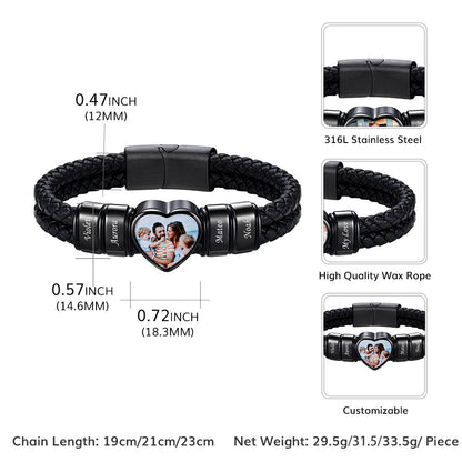 Personalized Heart Photo Leather Bracelet for Men with Multiple Names
