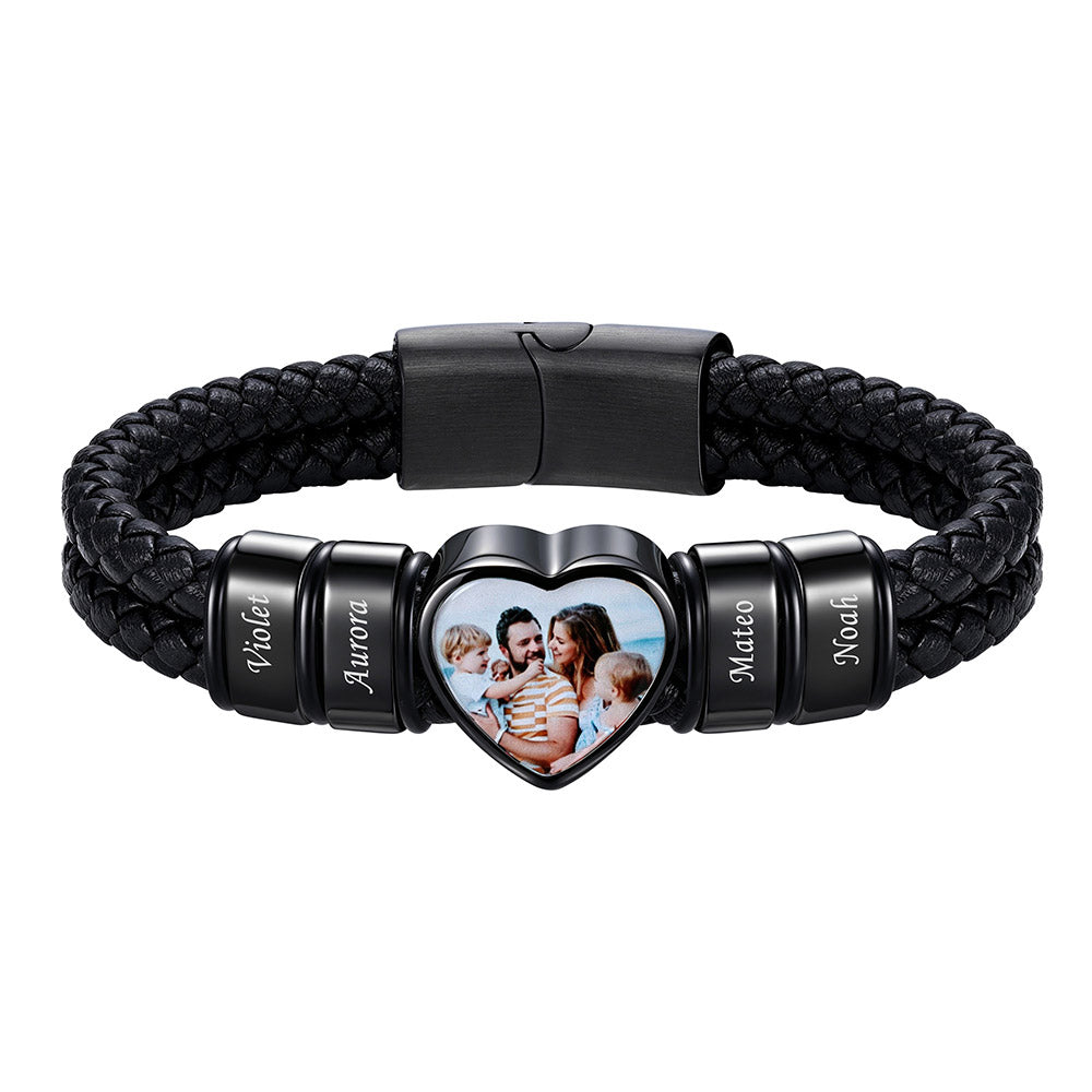 Personalized Heart Photo Leather Bracelet for Men with Multiple Names