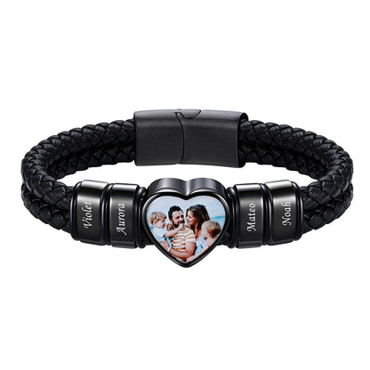 Personalized Heart Photo Leather Bracelet for Men with Multiple Names