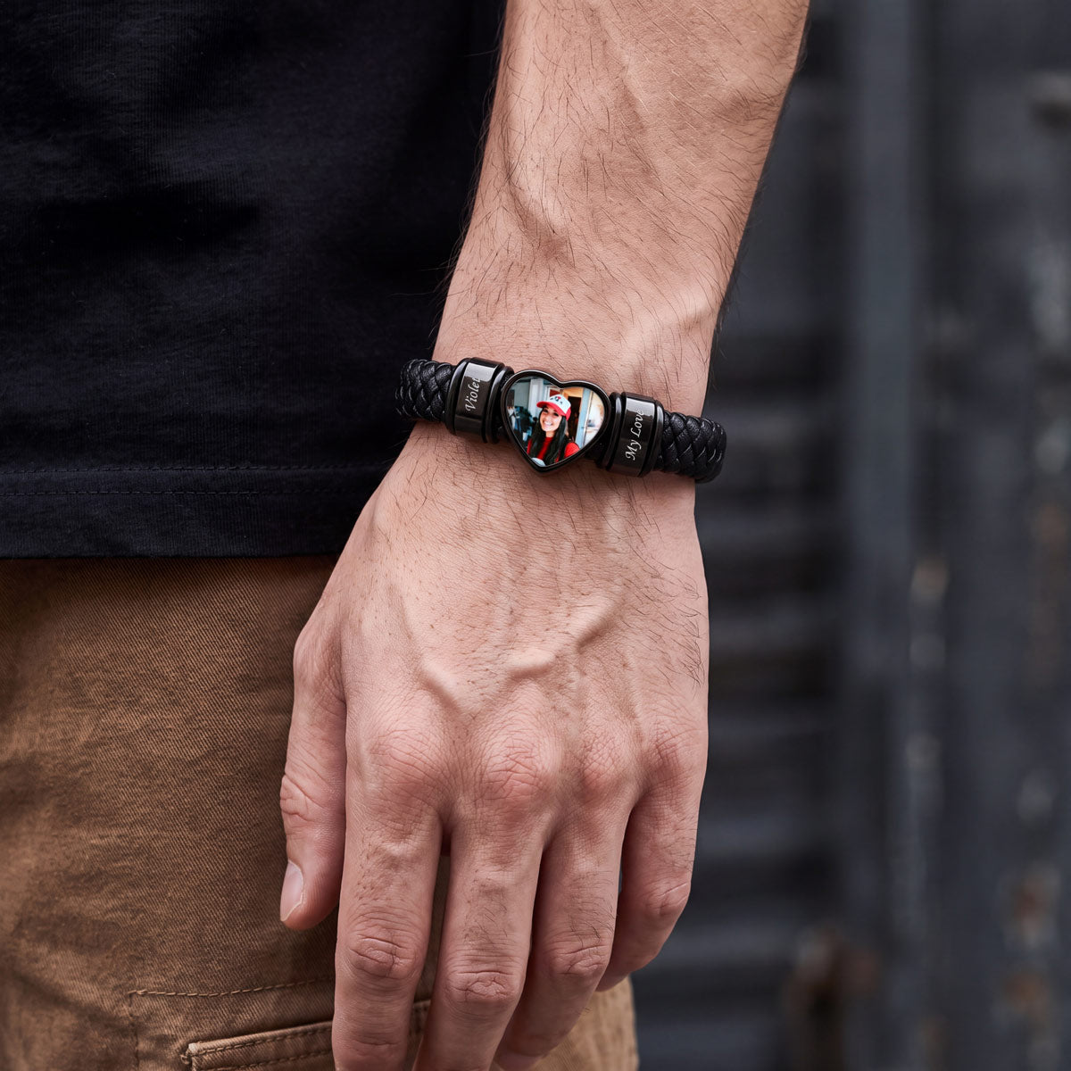 Personalized Heart Photo Leather Bracelet for Men with Multiple Names