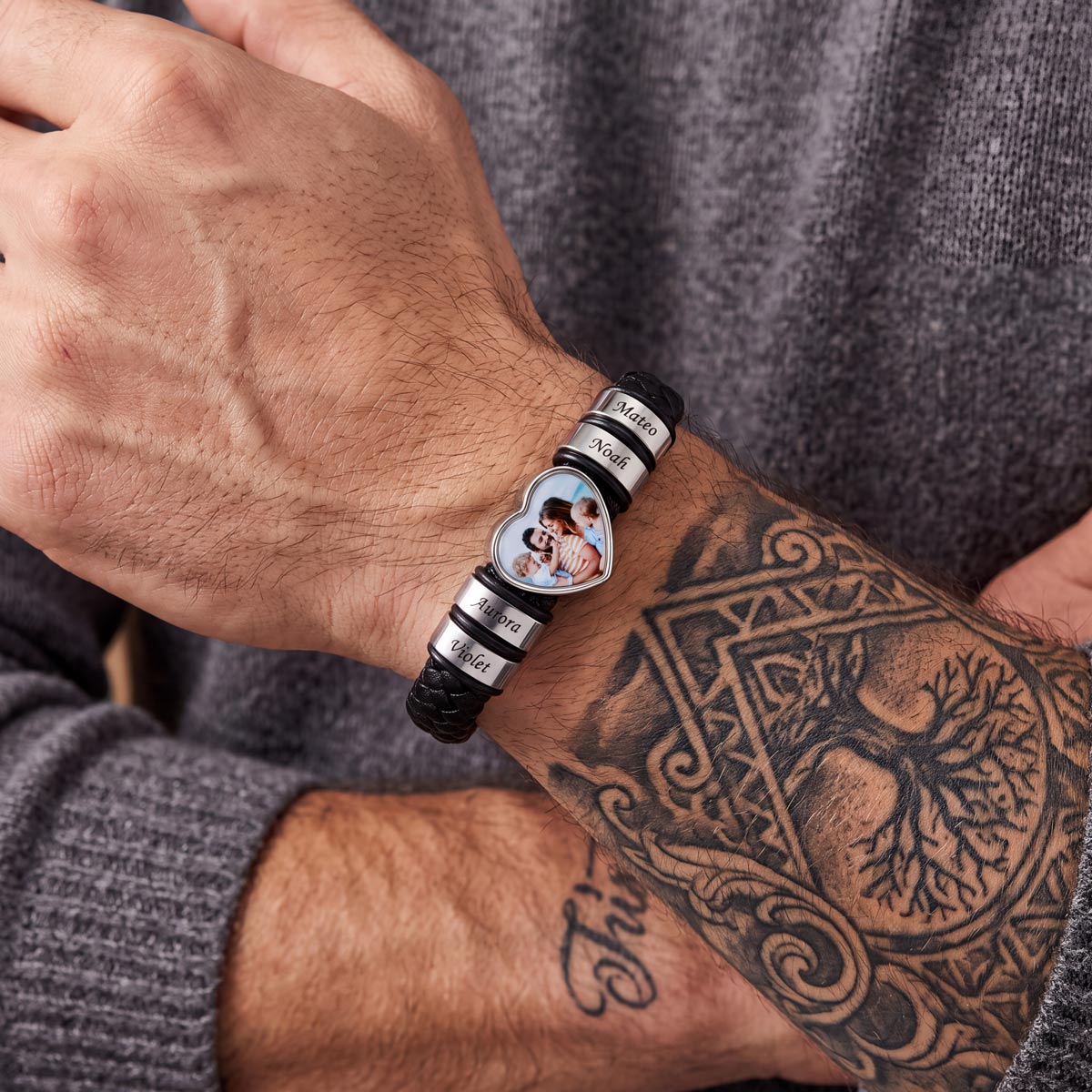 Personalized Heart Photo Leather Bracelet for Men with Multiple Names