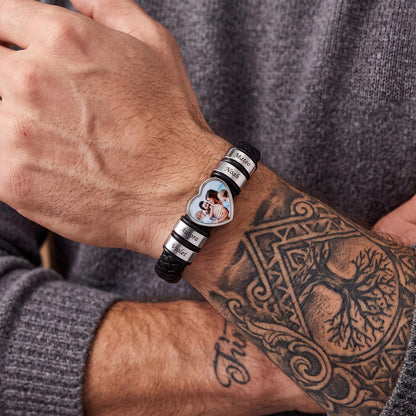 Personalized Heart Photo Leather Bracelet for Men with Multiple Names