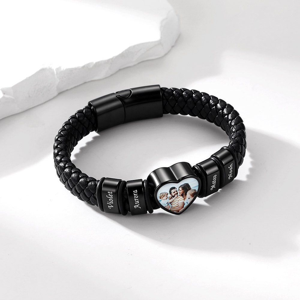 Personalized Heart Photo Leather Bracelet for Men with Multiple Names