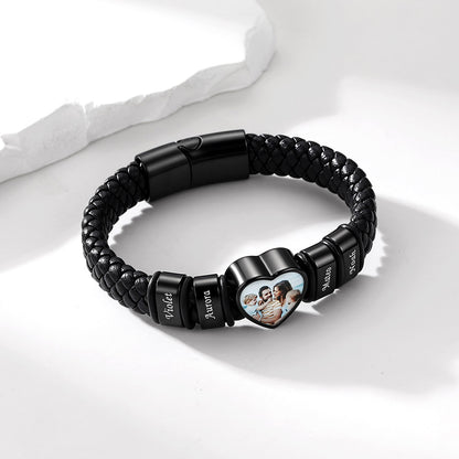 Personalized Heart Photo Leather Bracelet for Men with Multiple Names