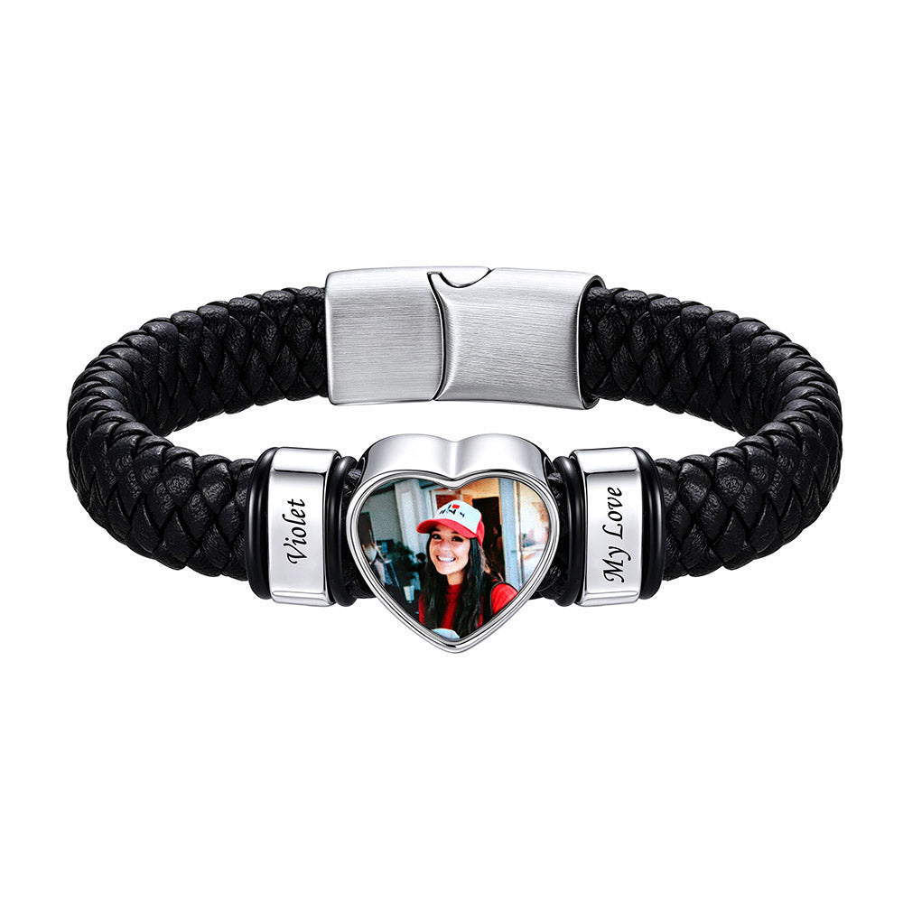 Personalized Heart Photo Leather Bracelet for Men with Multiple Names