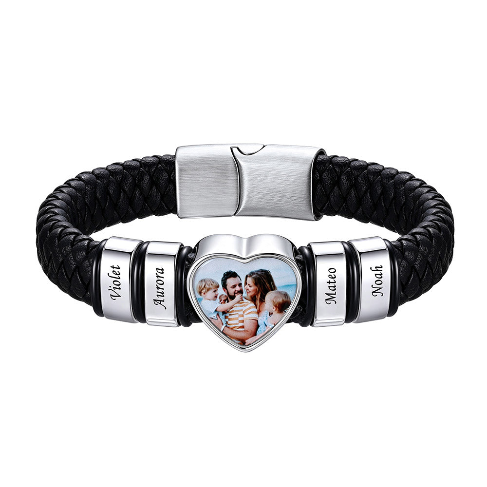 Personalized Heart Photo Leather Bracelet for Men with Multiple Names