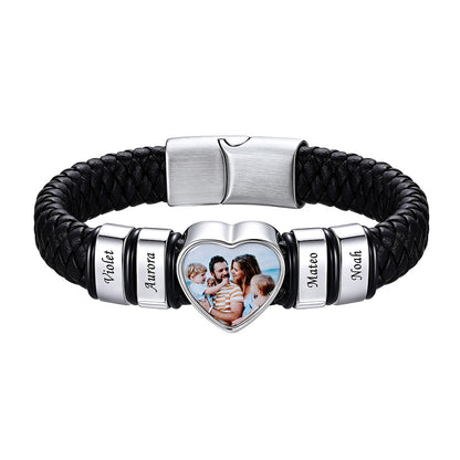 Personalized Heart Photo Leather Bracelet for Men with Multiple Names