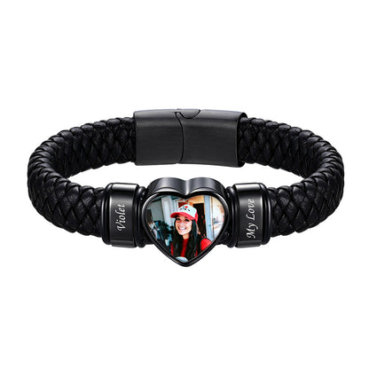 Personalized Heart Photo Leather Bracelet for Men with Multiple Names