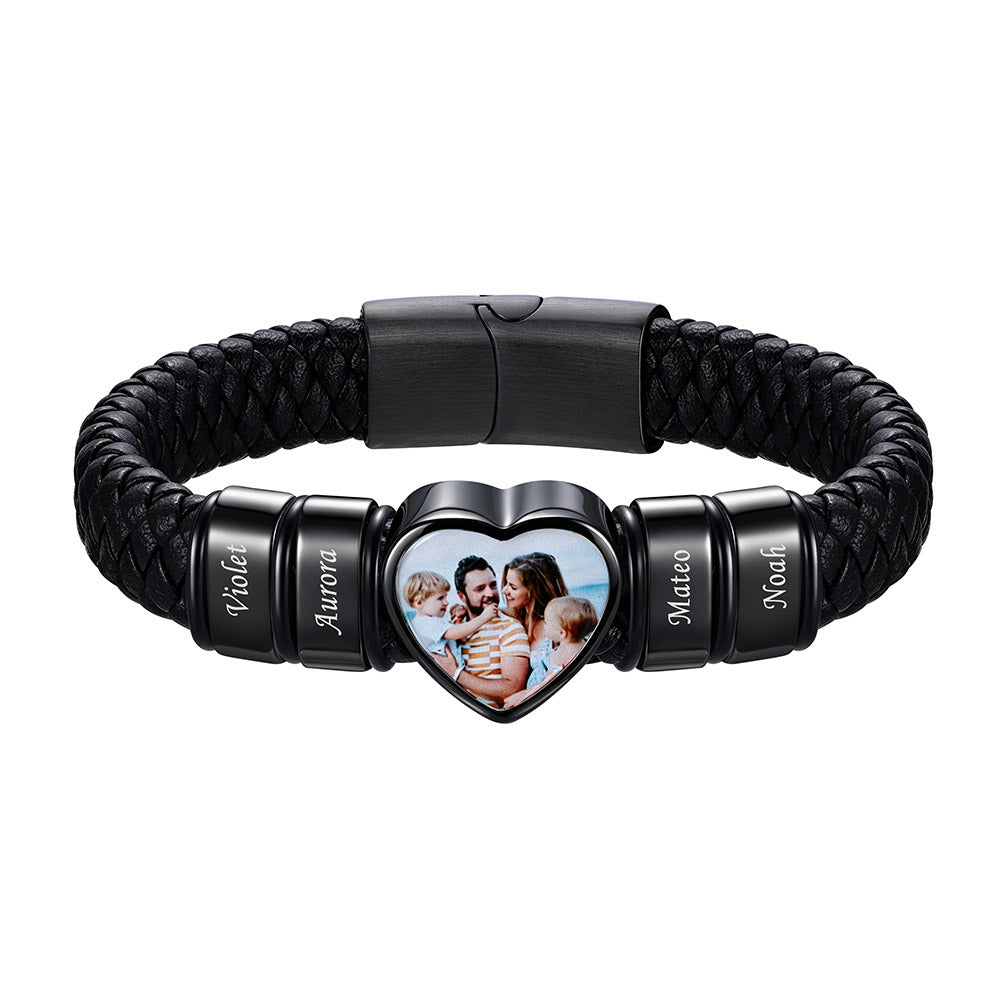 Personalized Heart Photo Leather Bracelet for Men with Multiple Names