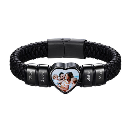 Personalized Heart Photo Leather Bracelet for Men with Multiple Names