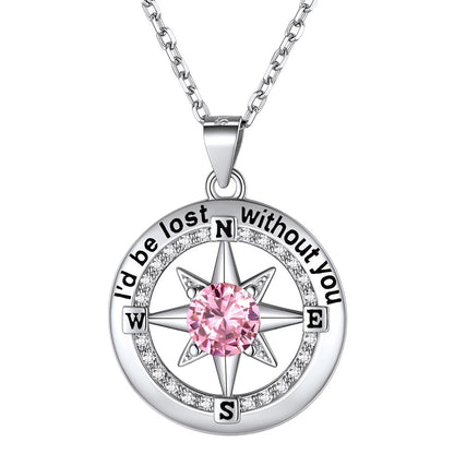 925 Sterling Silver North Star Compass Birthstone Necklace