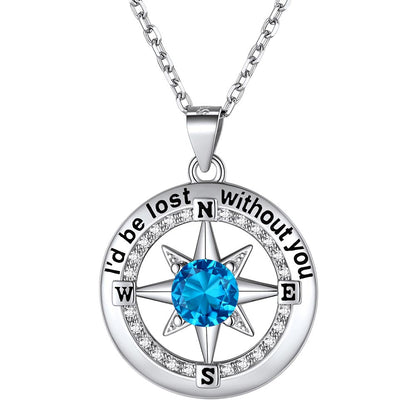 925 Sterling Silver North Star Compass Birthstone Necklace