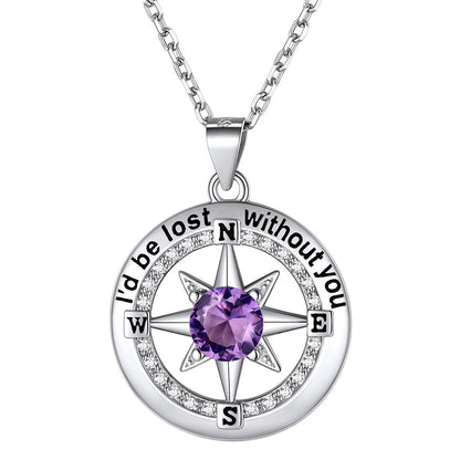 925 Sterling Silver North Star Compass Birthstone Necklace