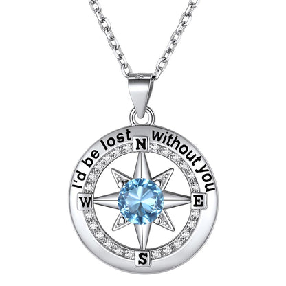 925 Sterling Silver North Star Compass Birthstone Necklace