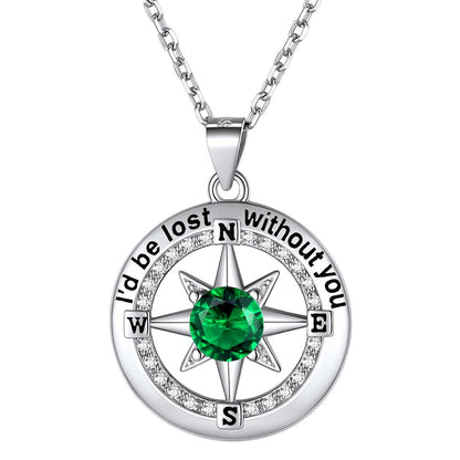 925 Sterling Silver North Star Compass Birthstone Necklace