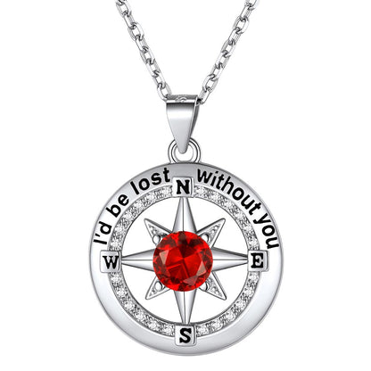 925 Sterling Silver North Star Compass Birthstone Necklace