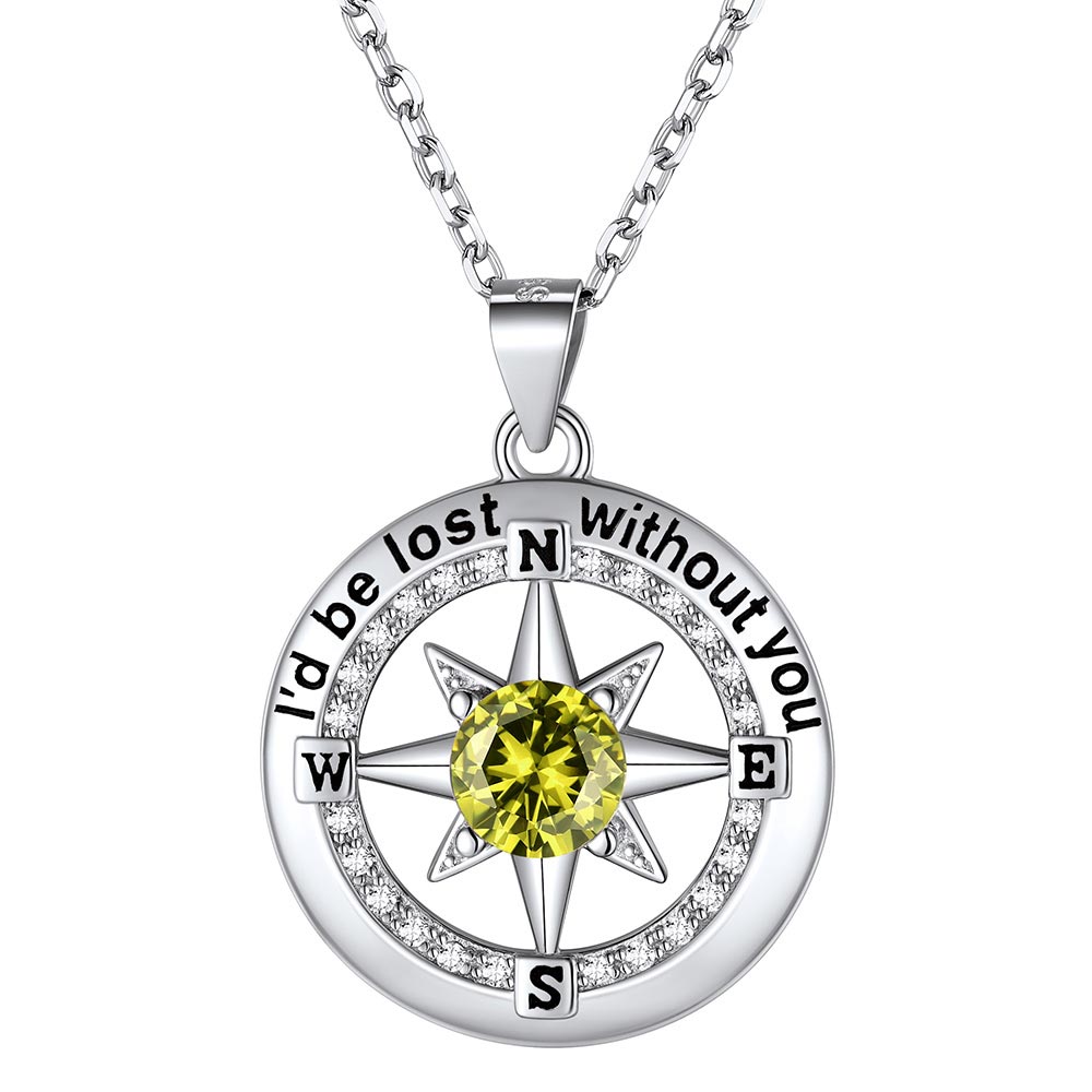 925 Sterling Silver North Star Compass Birthstone Necklace