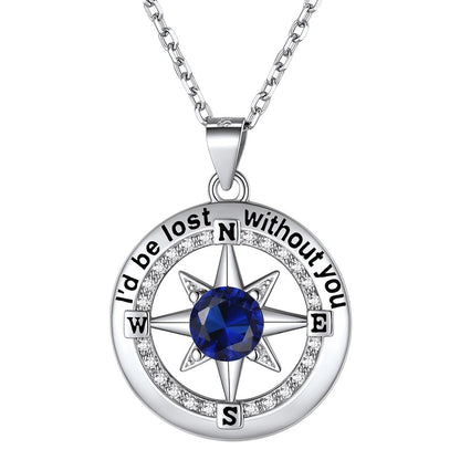 925 Sterling Silver North Star Compass Birthstone Necklace