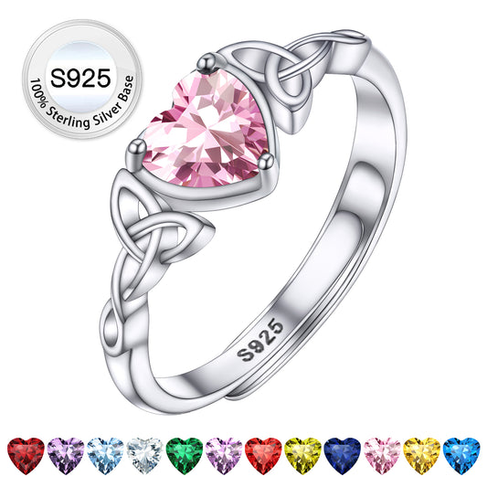 Adjustable Sterling Silver Celtic Knot Birthstone Heart Ring