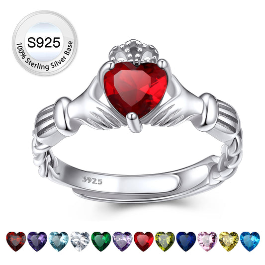 Bague en argent sterling avec pierre de naissance en forme de cœur Claddagh pour femme