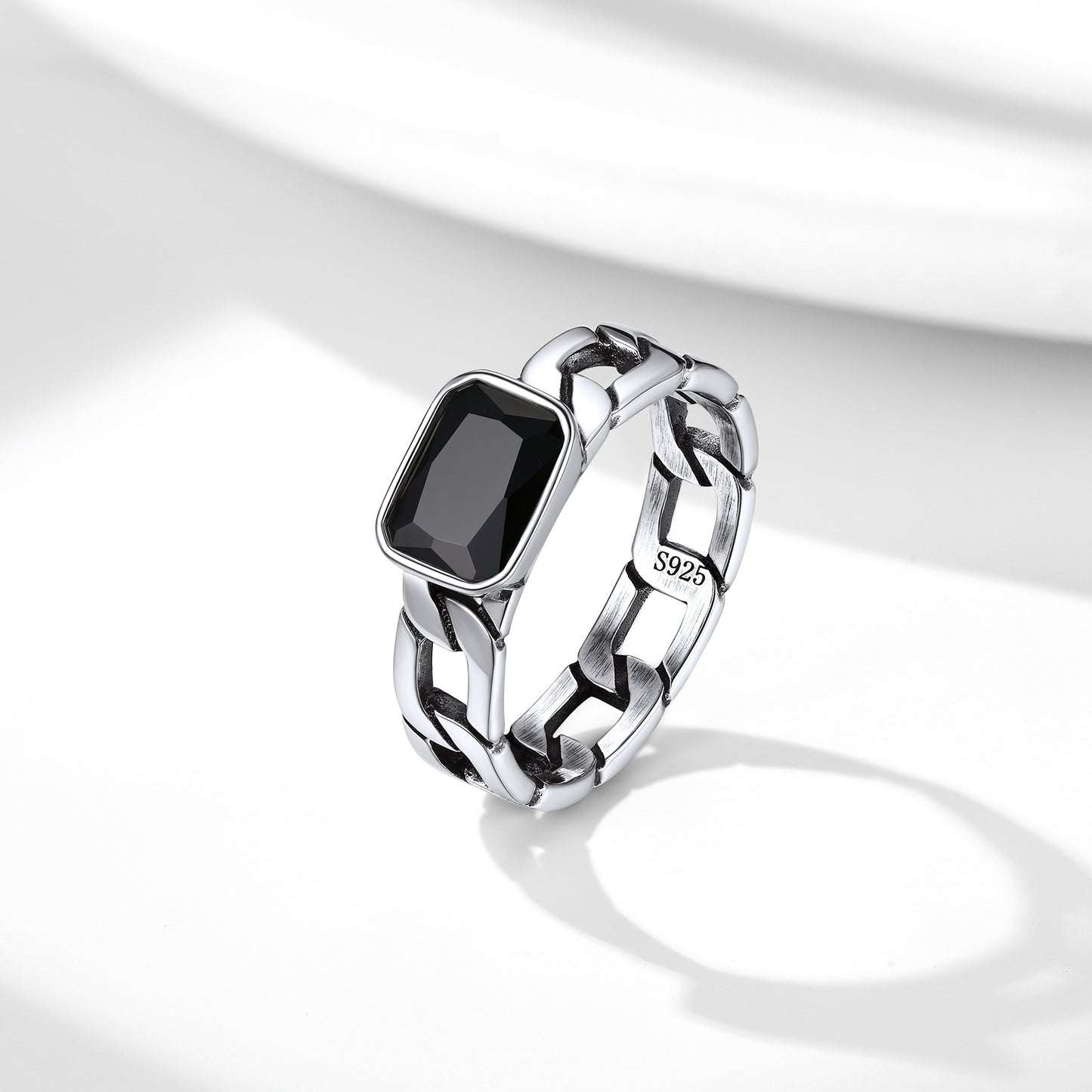 Vintage Silver Black Cubic Zirconia Chain Ring