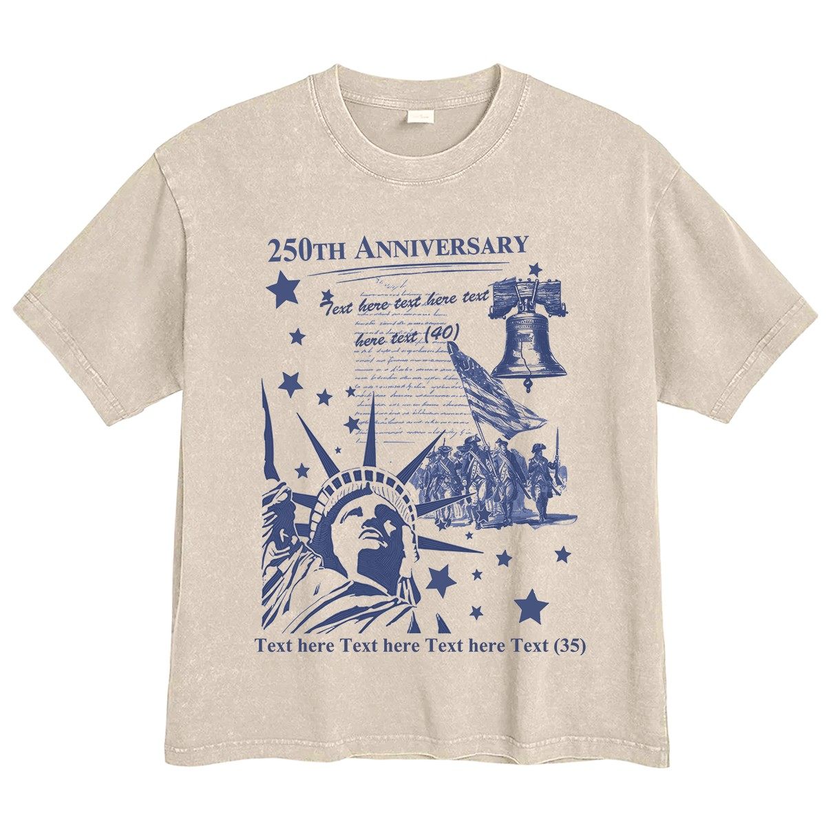 Beige t-shirt with blue graphic design featuring the Statue of Liberty and text on a white background