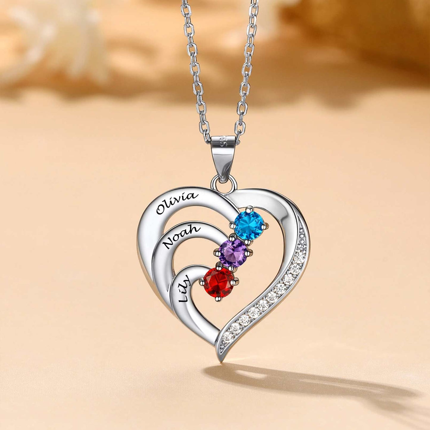 Family Birthstone Heart Necklace With Names for Women