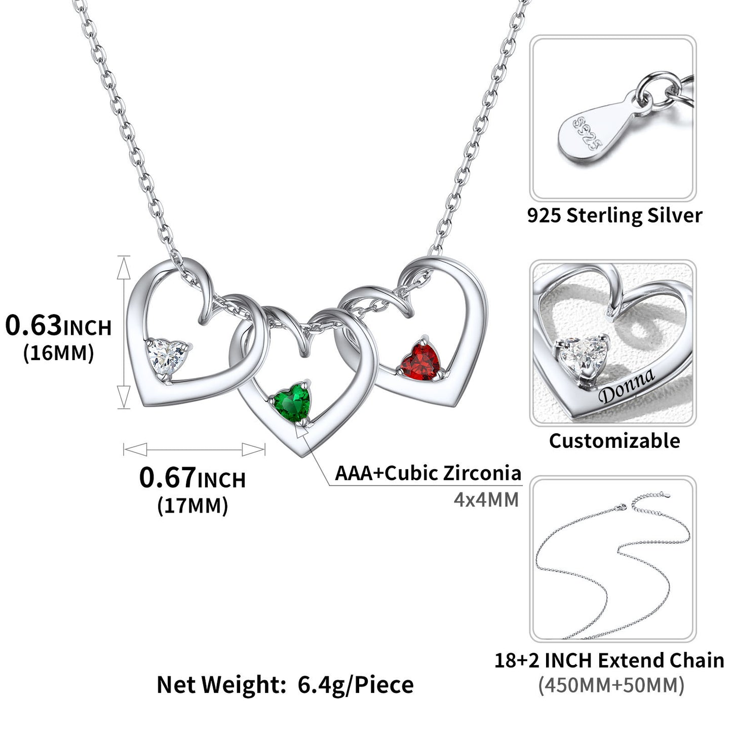 Birthstone-Heart-Necklace dimenison, durable, hypoallergenic, customizable