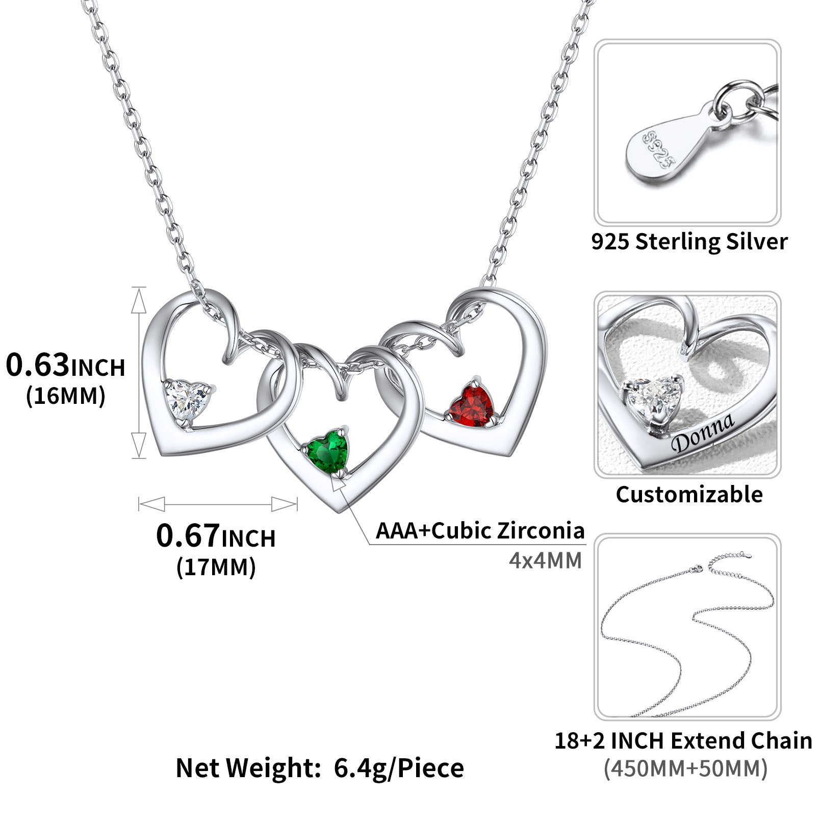 Birthstone-Heart-Necklace dimenison, durable, hypoallergenic, customizable