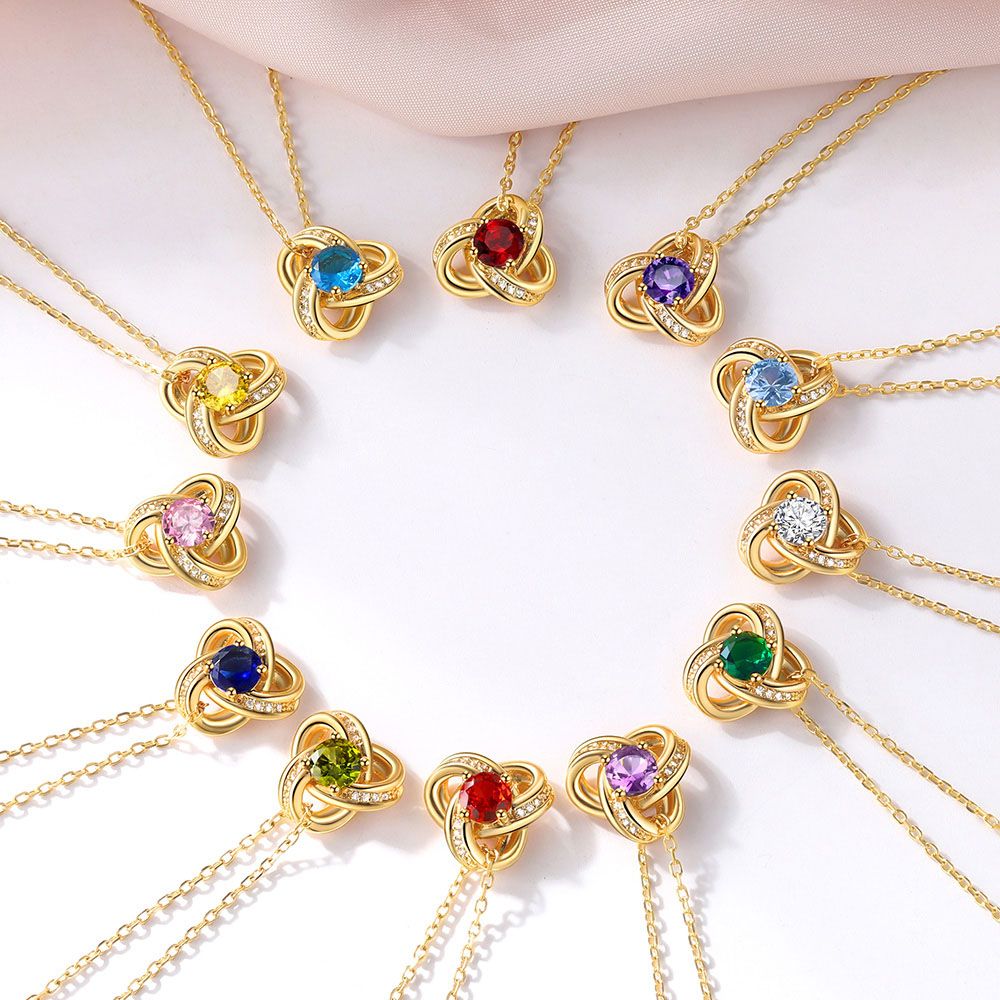 Birthstone Love Knot Necklace Gold Plated