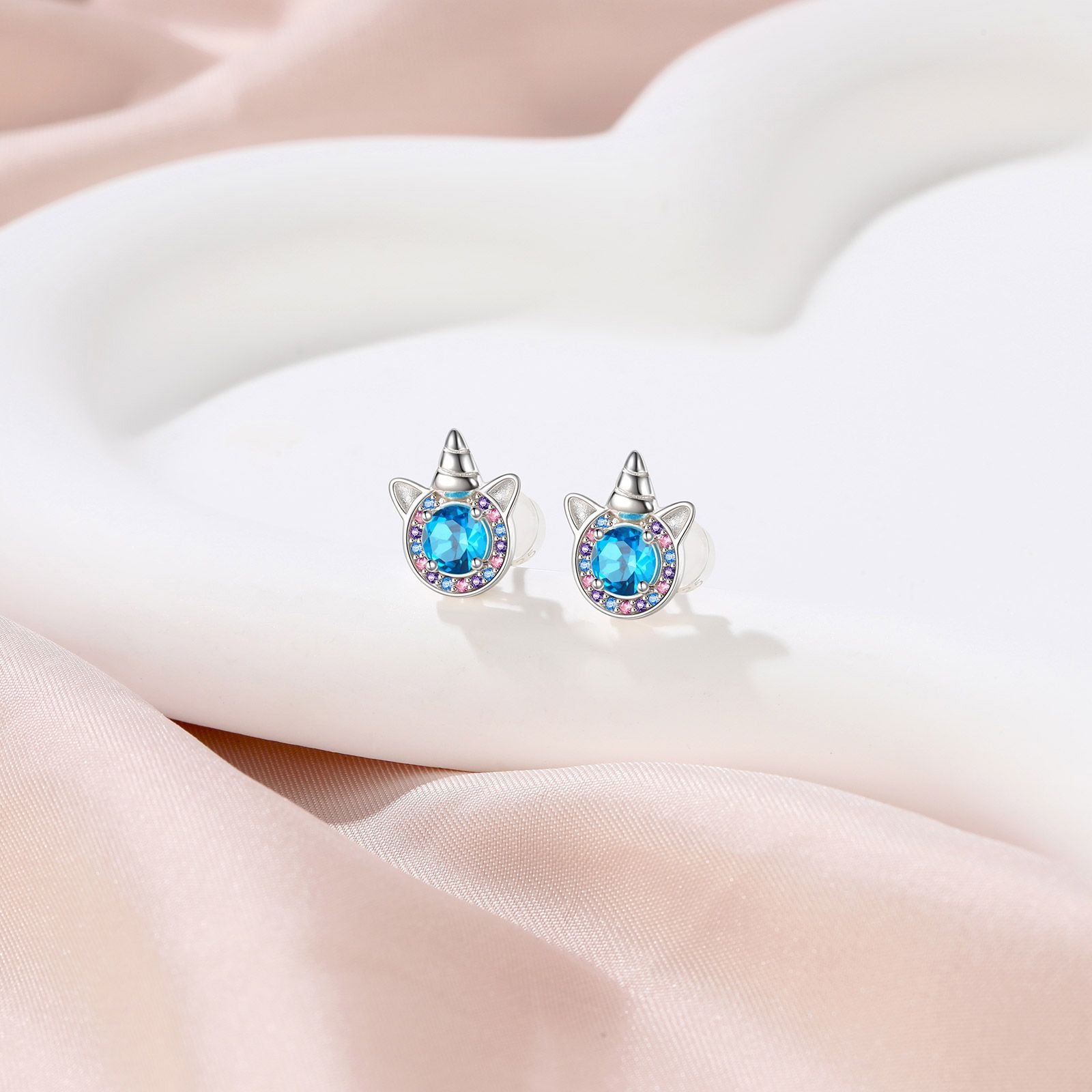 Silver Birthstone Unicorn Stud Earrings