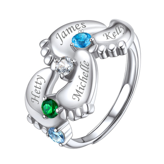 Personalized Footprint Mother's Birthstone Ring with Names