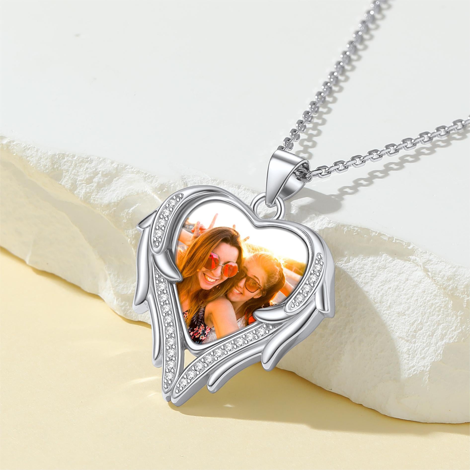 Birthstonesjewelry Angel Wings Heart Picture Necklace Silver