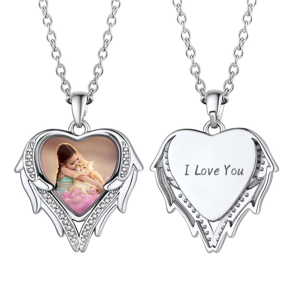 Birthstonesjewelry Customized Angel Wings Heart Picture Necklace Silver