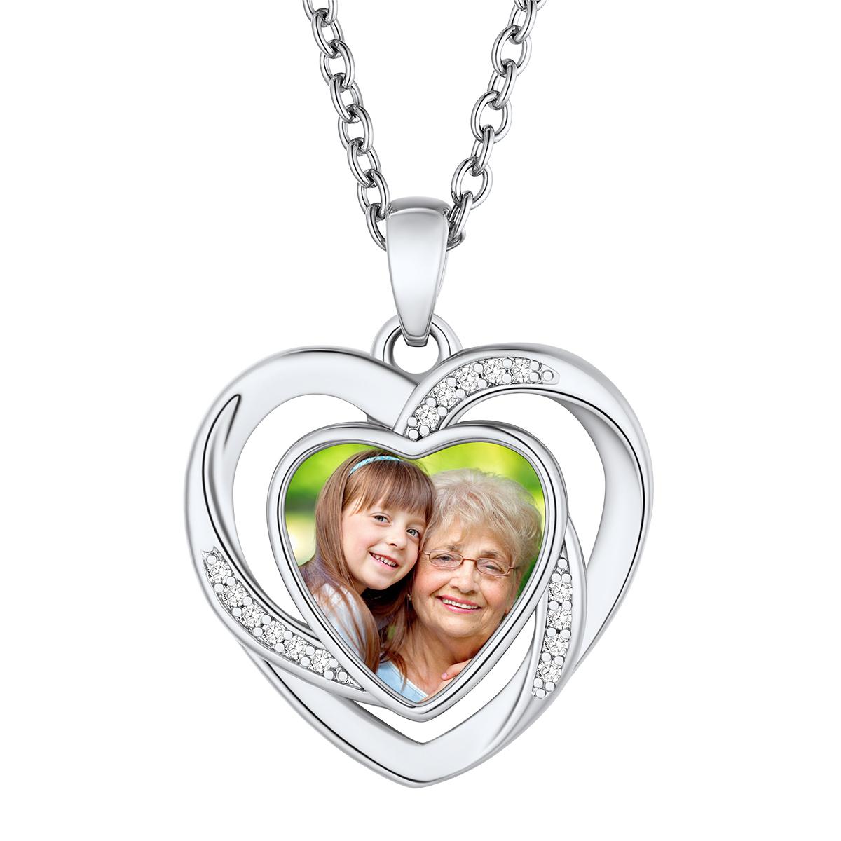Birthstonesjewelry Customized Heart in Heart Photo Necklace Silver