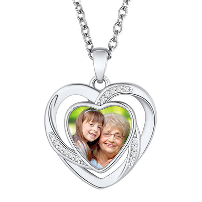 Birthstonesjewelry Customized Heart in Heart Photo Necklace Silver