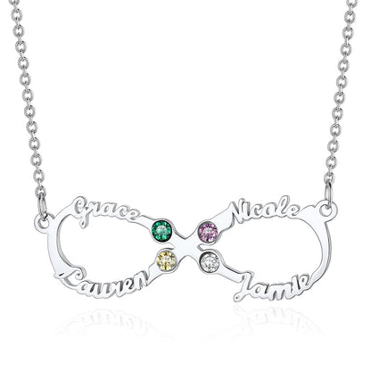 Birthstonesjewelry Infinity Birthstone Necklace with 4 Names Silver