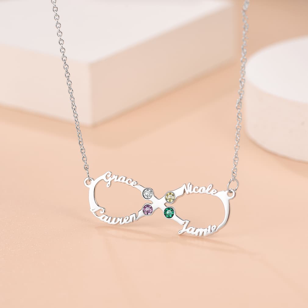 Birthstonesjewelry Infinity Necklace 4 Names Silver