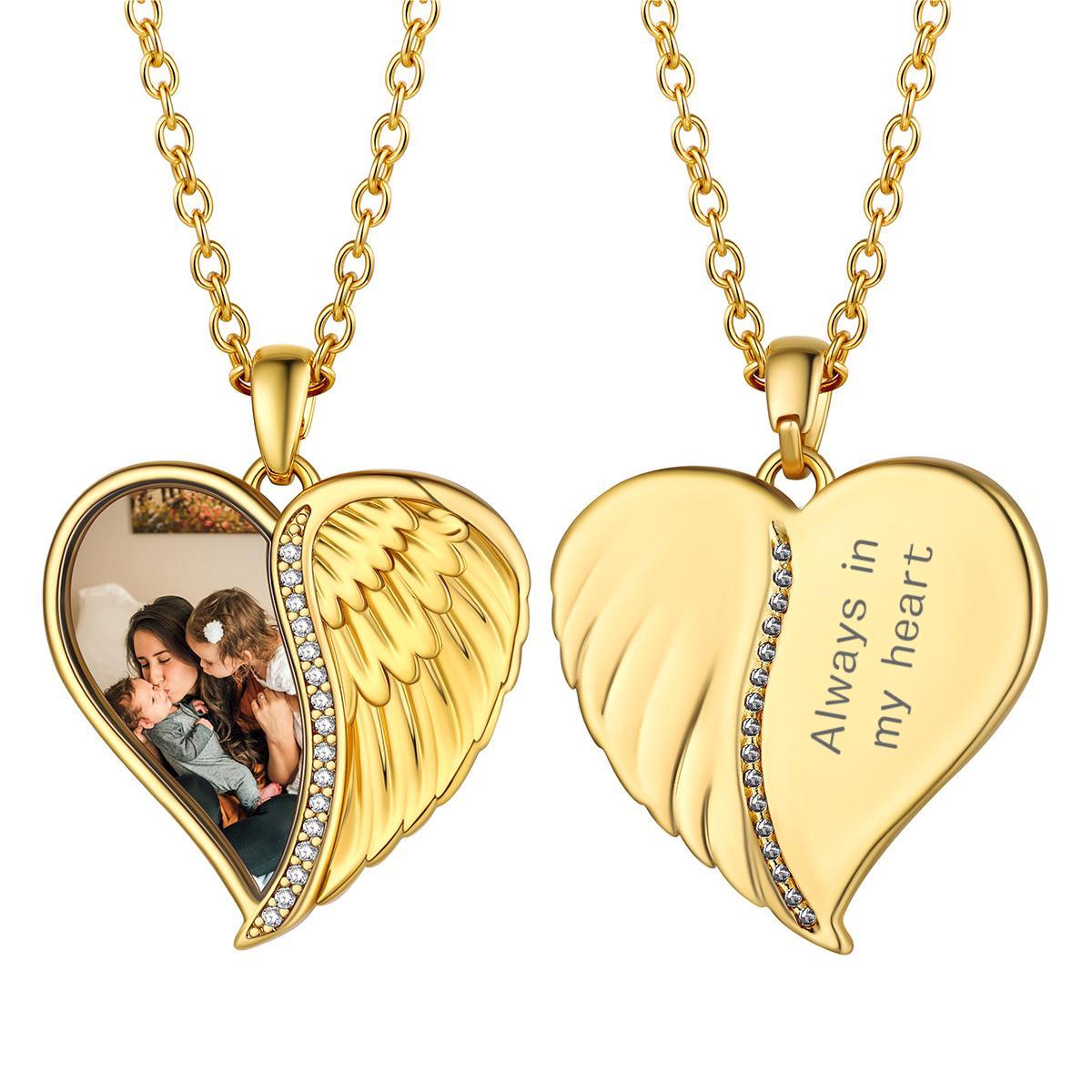 Birthstonesjewelry Personalized Angel Wings Heart Necklace with Picture Gold