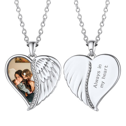 Birthstonesjewelry Personalized Angel Wings Heart Necklace with Picture Silver