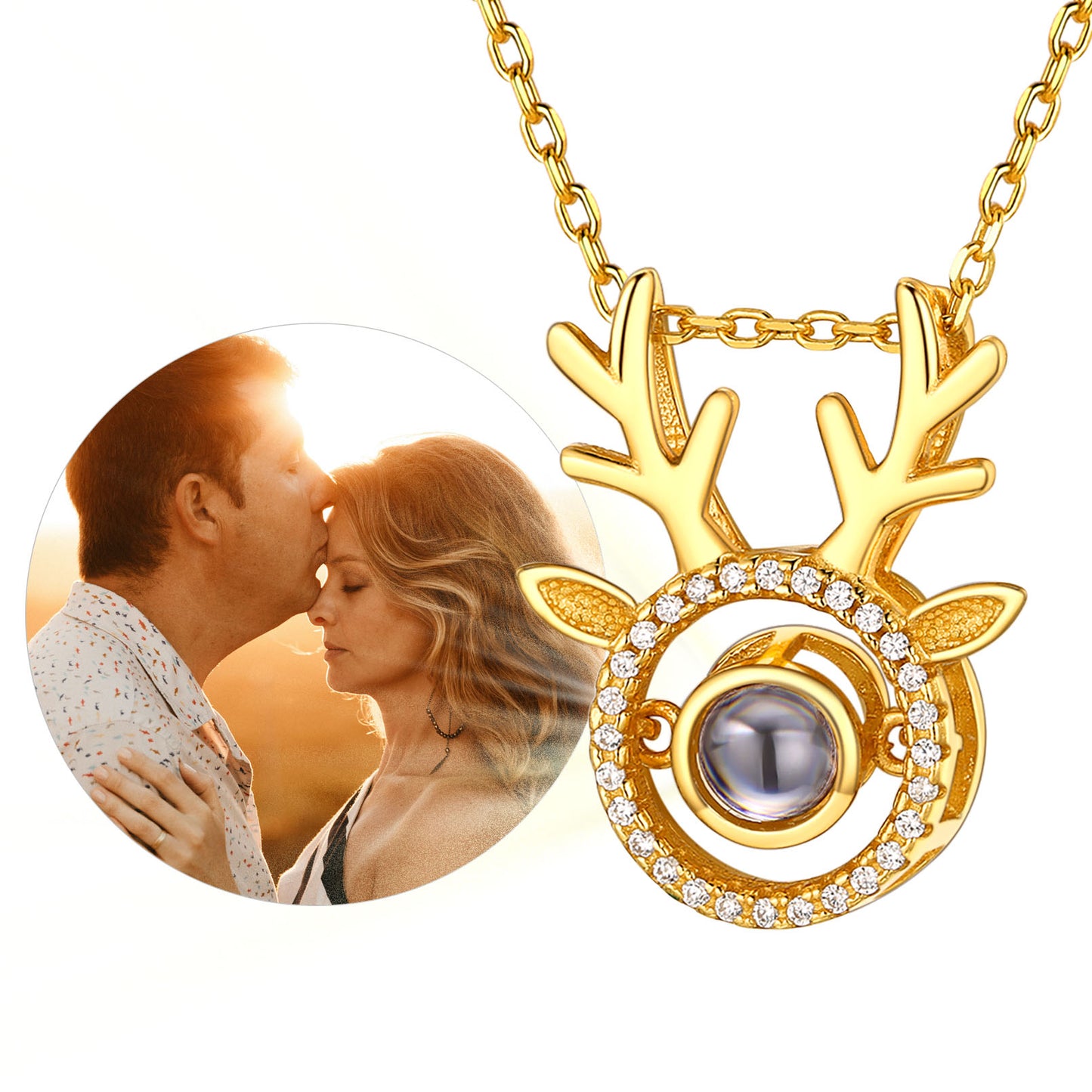 Birthstonesjewelry Personalized Antler Photo Projection Necklace Gold